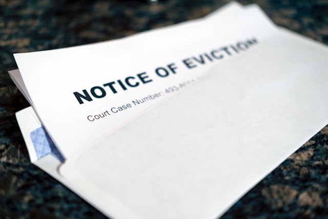 an eviction notice open on a countertop